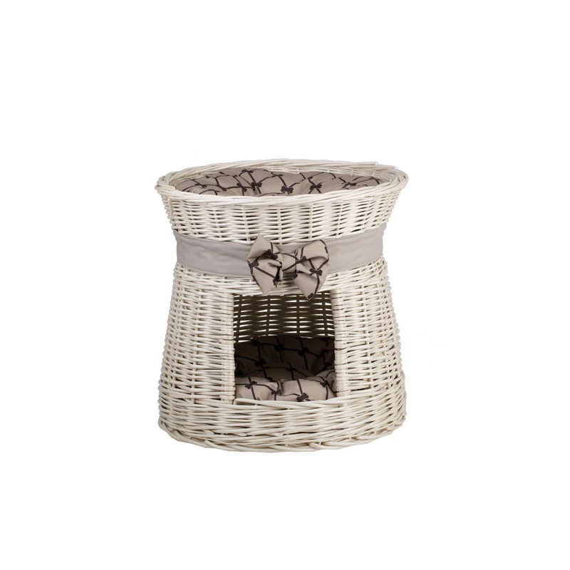 Eralis wicker cat house with cream trim, two cushions and a bow TheWickerStories