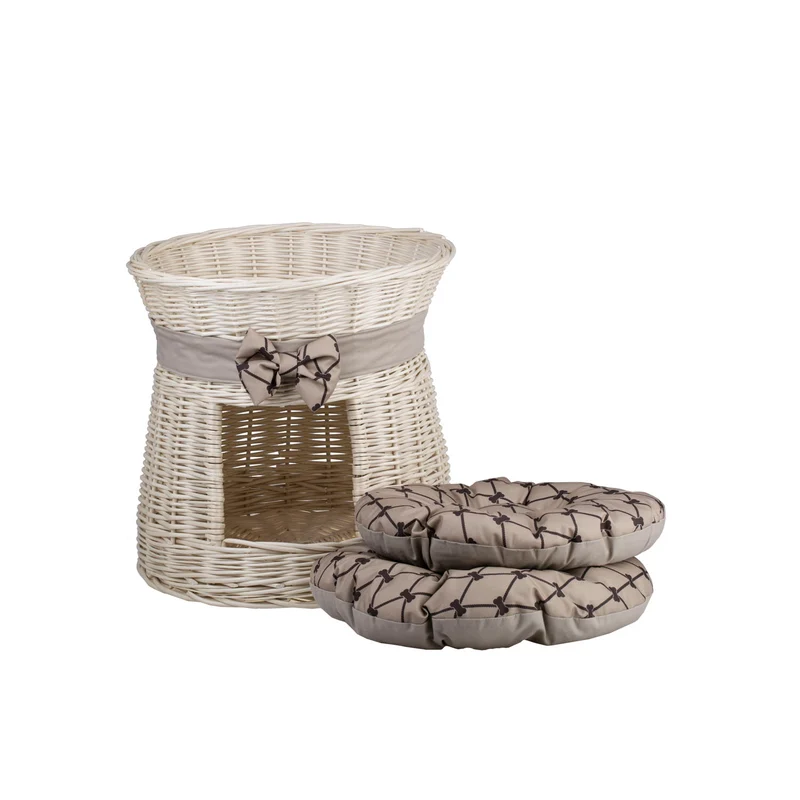 Eralis wicker cat house with cream trim, two cushions and a bow TheWickerStories