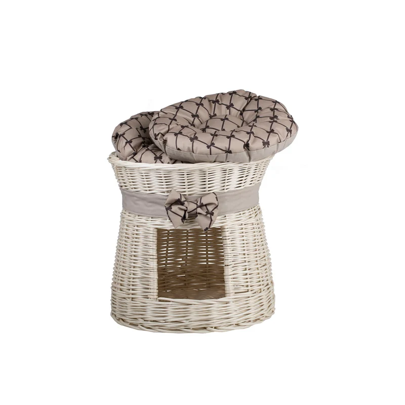 Eralis wicker cat house with cream trim, two cushions and a bow TheWickerStories