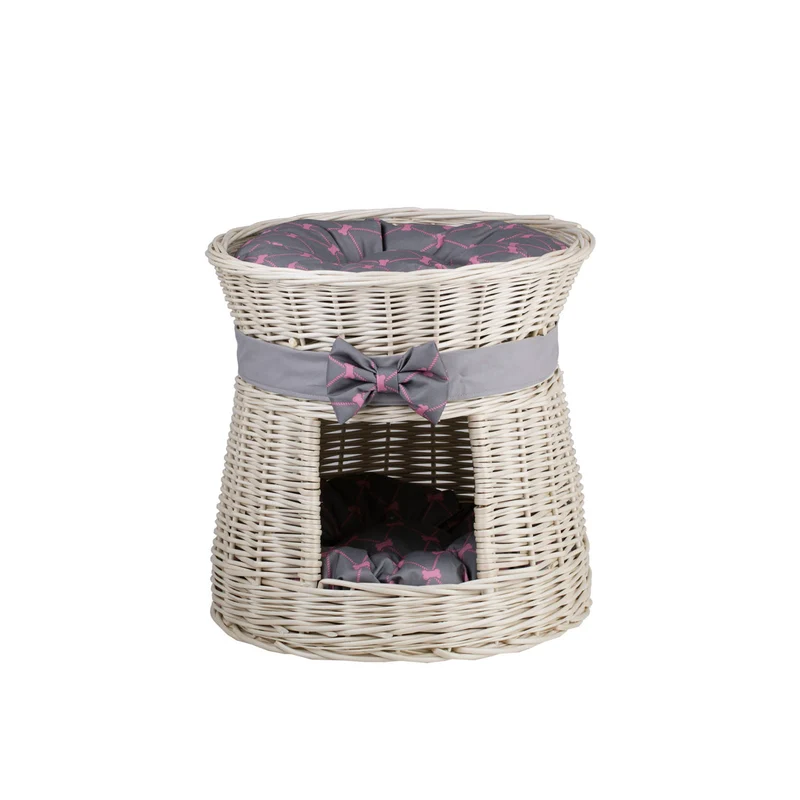 Eralis two-level wicker cat house with cushions and a bow TheWickerStories