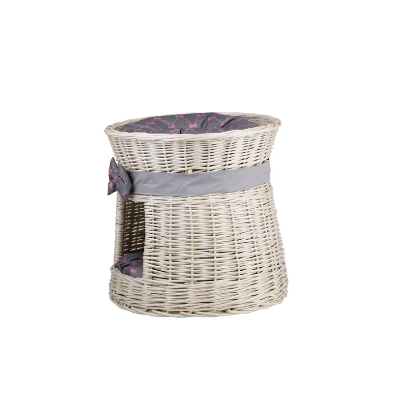 Eralis two-level wicker cat house with cushions and a bow TheWickerStories