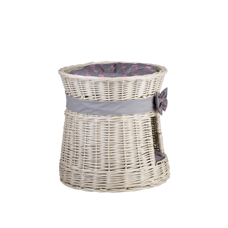 Eralis two-level wicker cat house with cushions and a bow TheWickerStories
