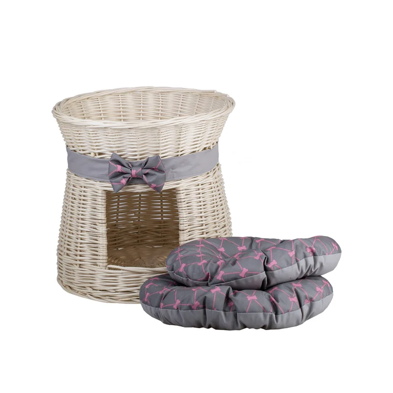 Eralis two-level wicker cat house with cushions and a bow TheWickerStories