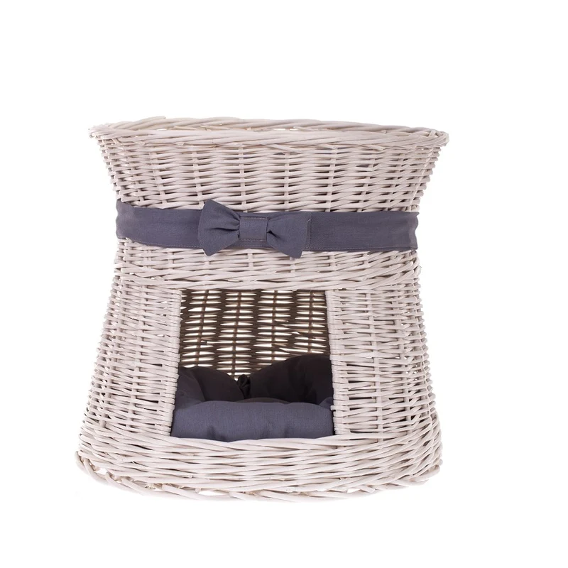 Eralis wicker cat house with cushions and bow — cozy handwoven pet bed TheWickerStories