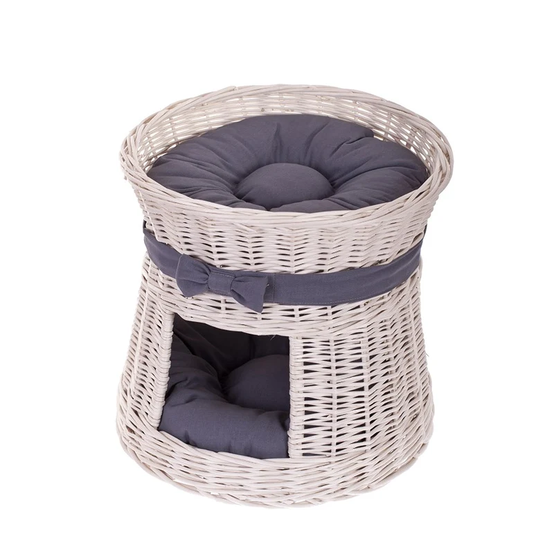 Eralis wicker cat house with cushions and bow — cozy handwoven pet bed TheWickerStories