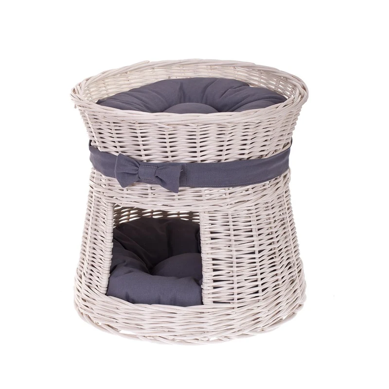 Eralis wicker cat house with cushions and bow — cozy handwoven pet bed TheWickerStories