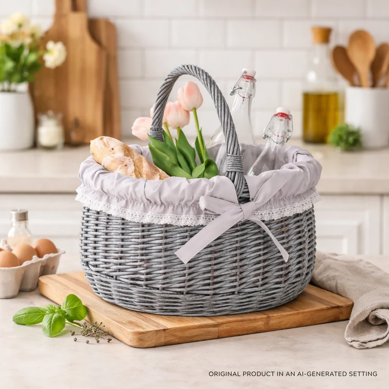 Werburga wicker shopping basket with gray trim and a handle from TheWickerStories