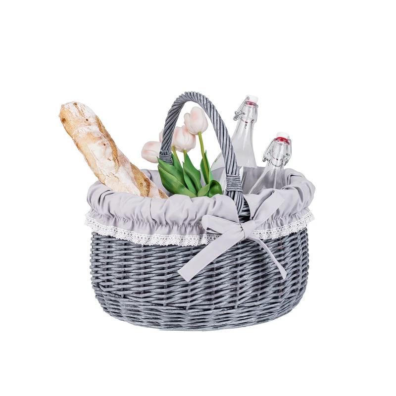Werburga wicker shopping basket with gray trim and a handle from TheWickerStories