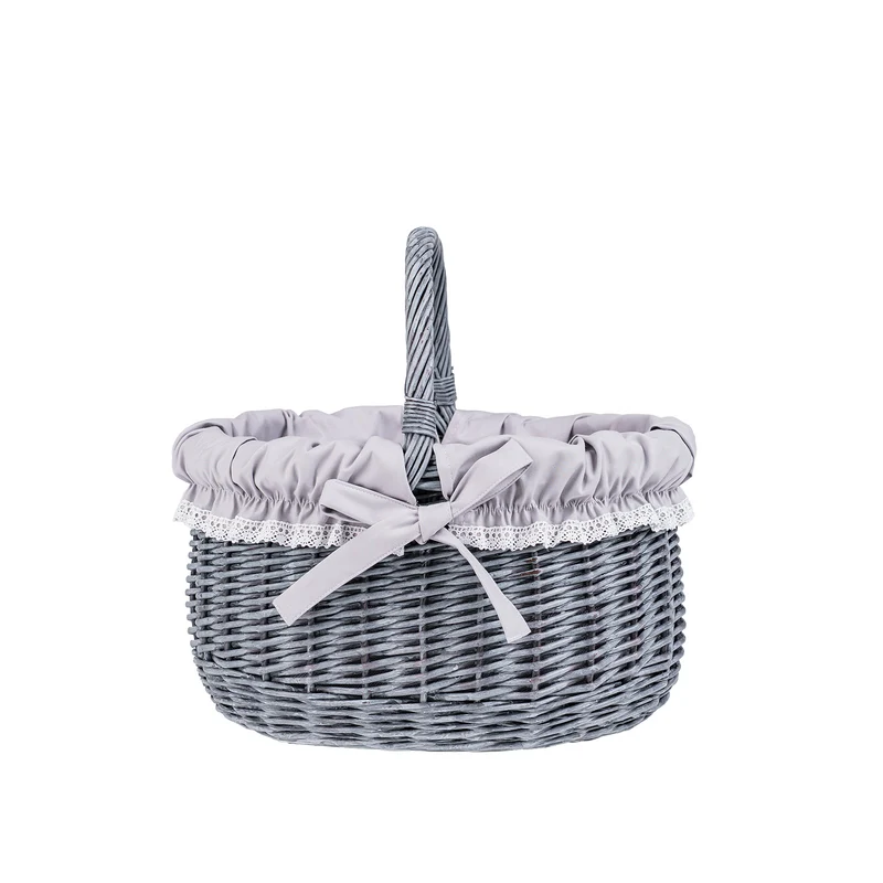 Werburga wicker shopping basket with gray trim and a handle from TheWickerStories
