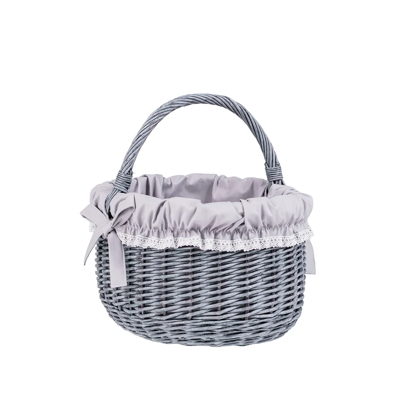 Werburga wicker shopping basket with gray trim and a handle from TheWickerStories