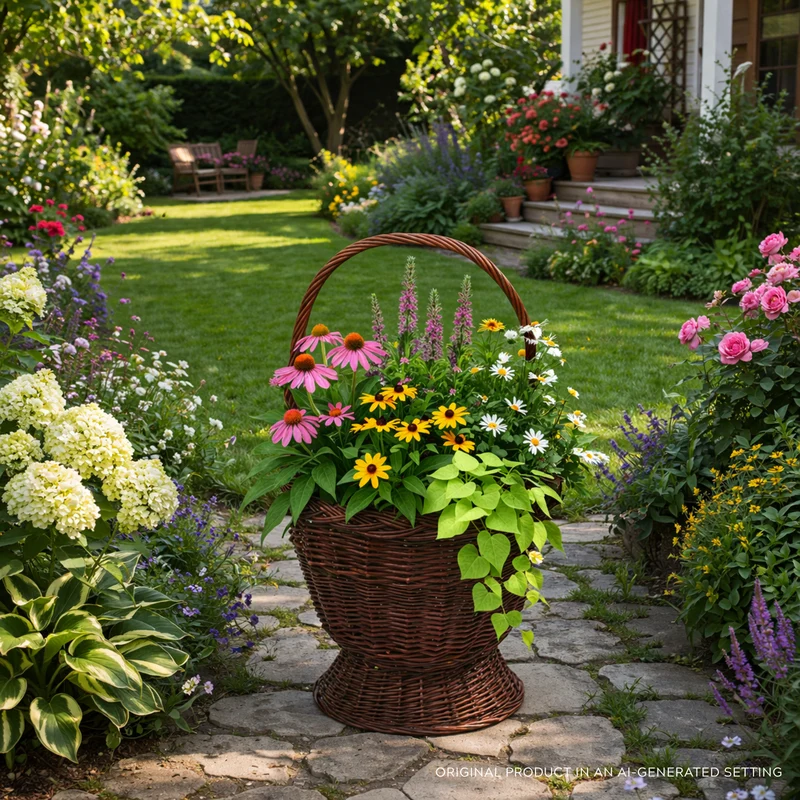 Zemira wicker garden basket for flowers and herbs, with handle TheWickerStories