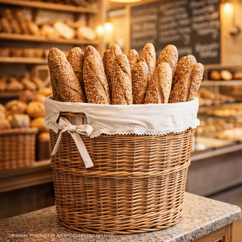 Balvina wicker baguette basket for bread display with beige trim TheWickerStories