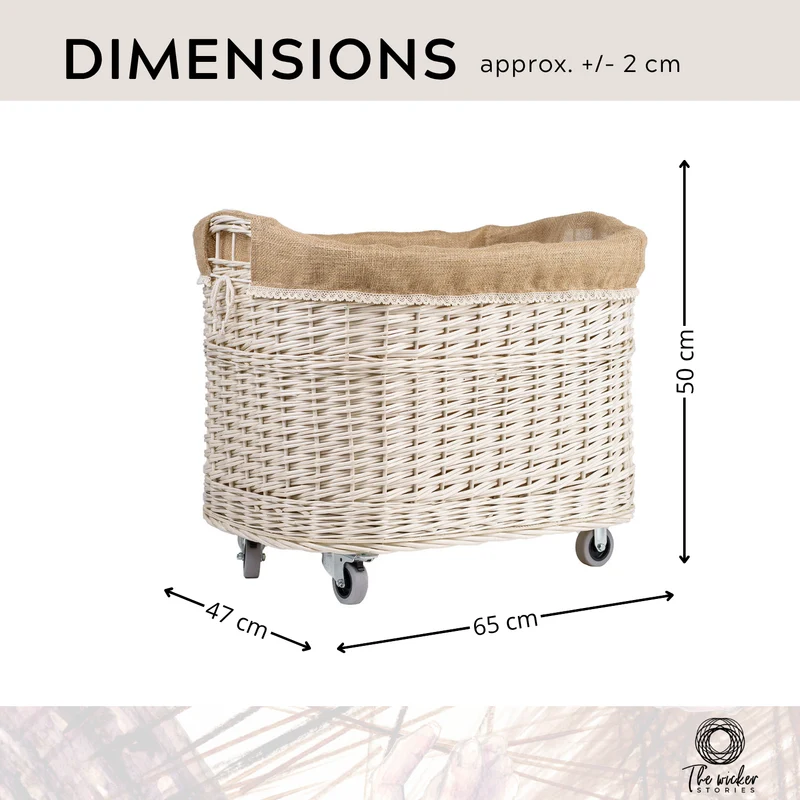 Tivor large, rectangular, mobile storage basket, wicker display basket with jute trim TheWickerStories