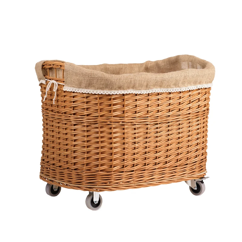 Tivor large, rectangular mobile storage basket, wicker display basket with jute trim TheWickerStories