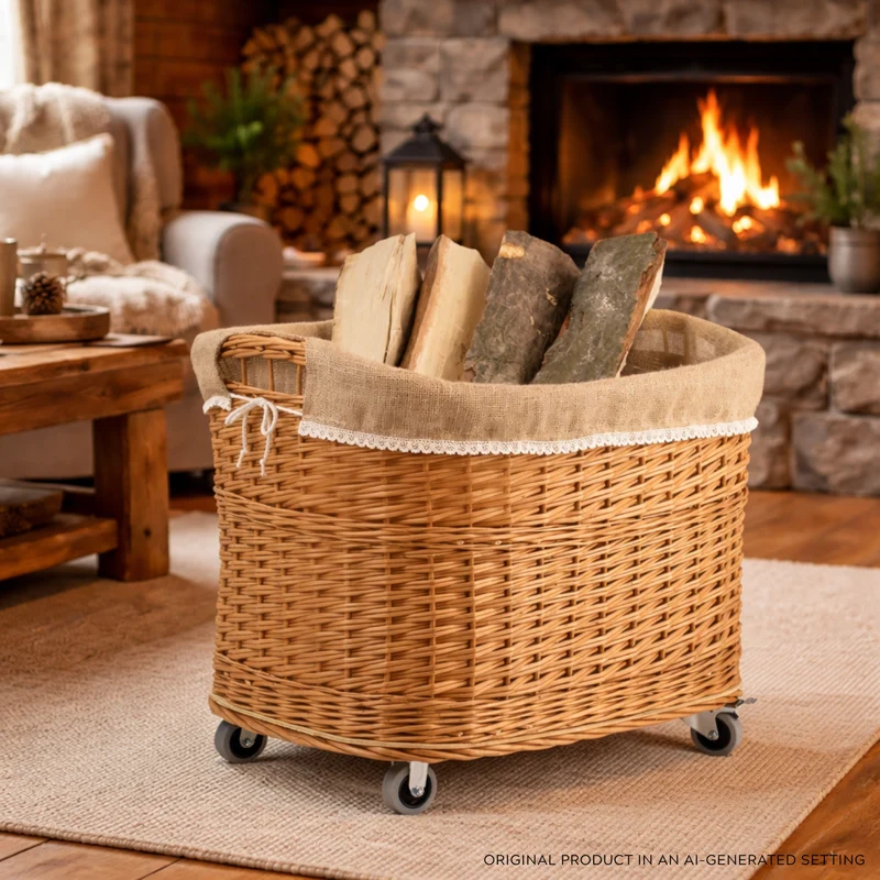 Tivor large, rectangular mobile storage basket, wicker display basket with jute trim TheWickerStories