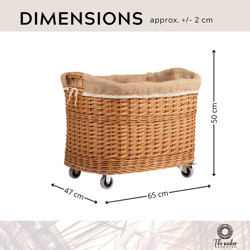 Tivor large, rectangular mobile storage basket, wicker display basket with jute trim TheWickerStories
