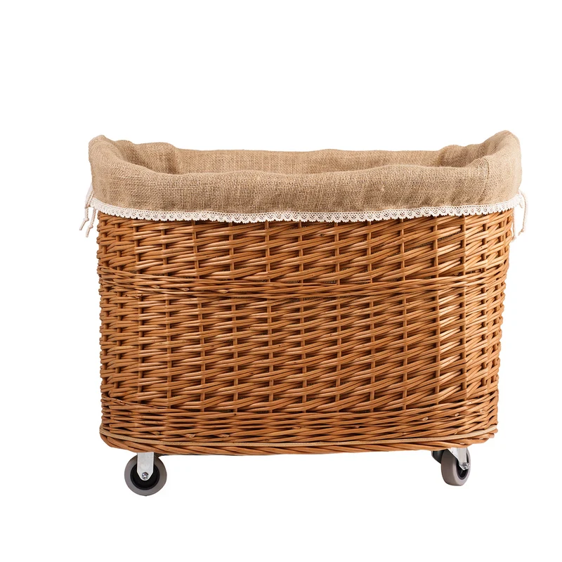 Tivor large, rectangular mobile storage basket, wicker display basket with jute trim TheWickerStories