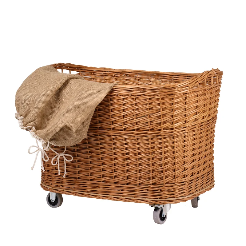 Tivor large, rectangular mobile storage basket, wicker display basket with jute trim TheWickerStories
