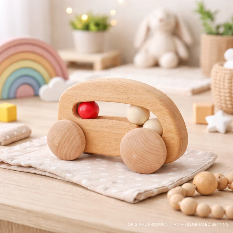 Parvuli wooden car with beads – toy for children by TheWickerStories