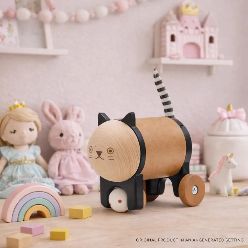 Puer wooden kitten on wheels – wicker toy for kids from TheWickerStories