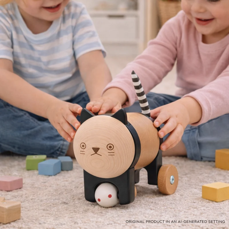 Puer wooden kitten on wheels – wicker toy for kids from TheWickerStories