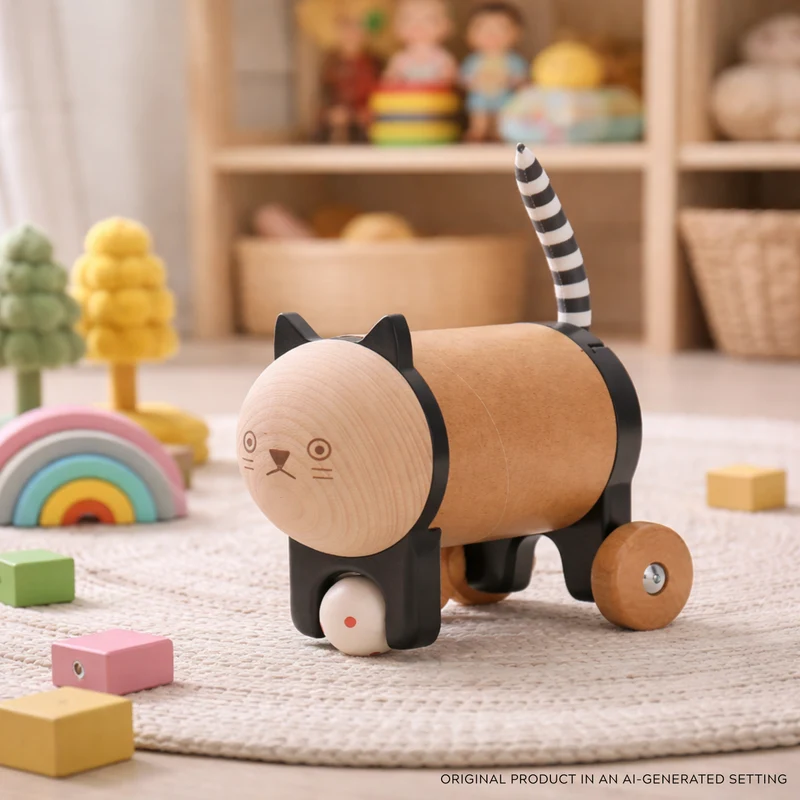 Puer wooden kitten on wheels – wicker toy for kids from TheWickerStories