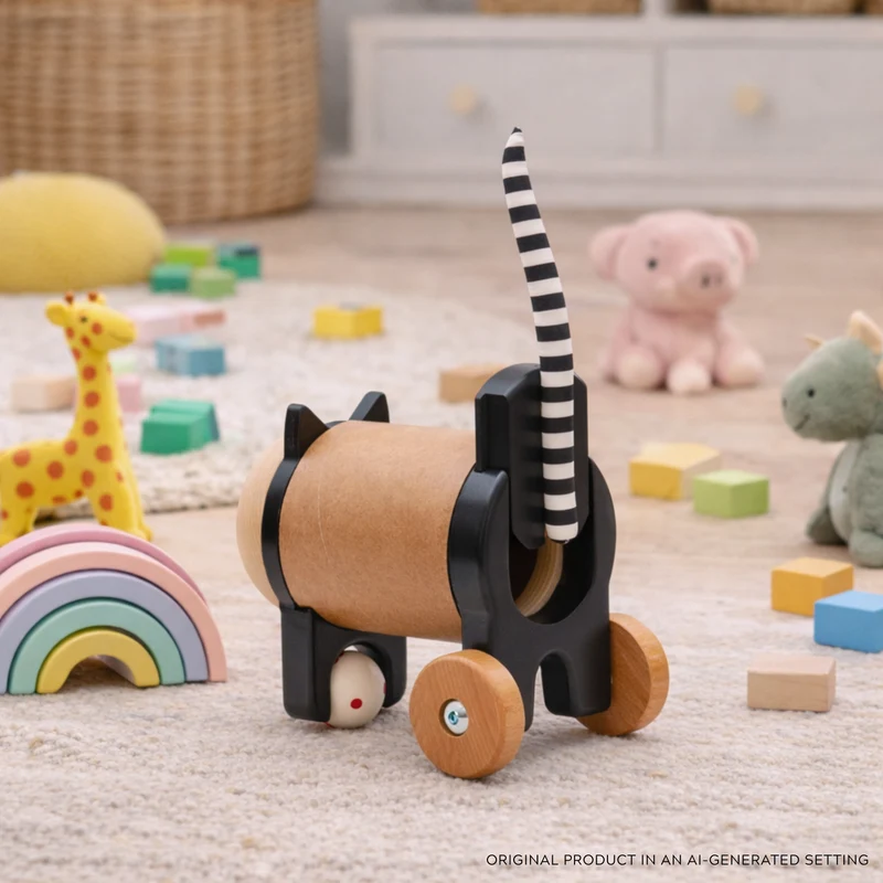 Puer wooden kitten on wheels – wicker toy for kids from TheWickerStories