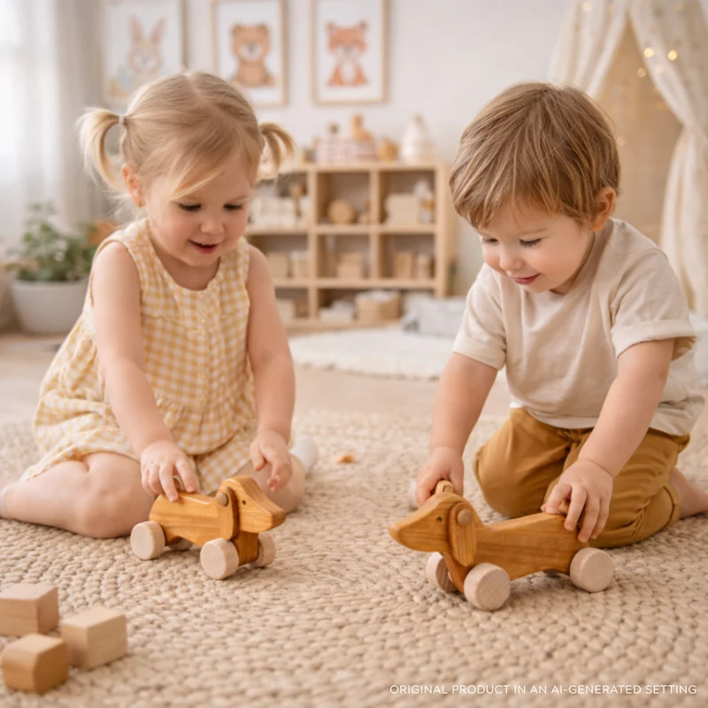 Pueria wooden dachshund on wheels – children's toy by TheWickerStories