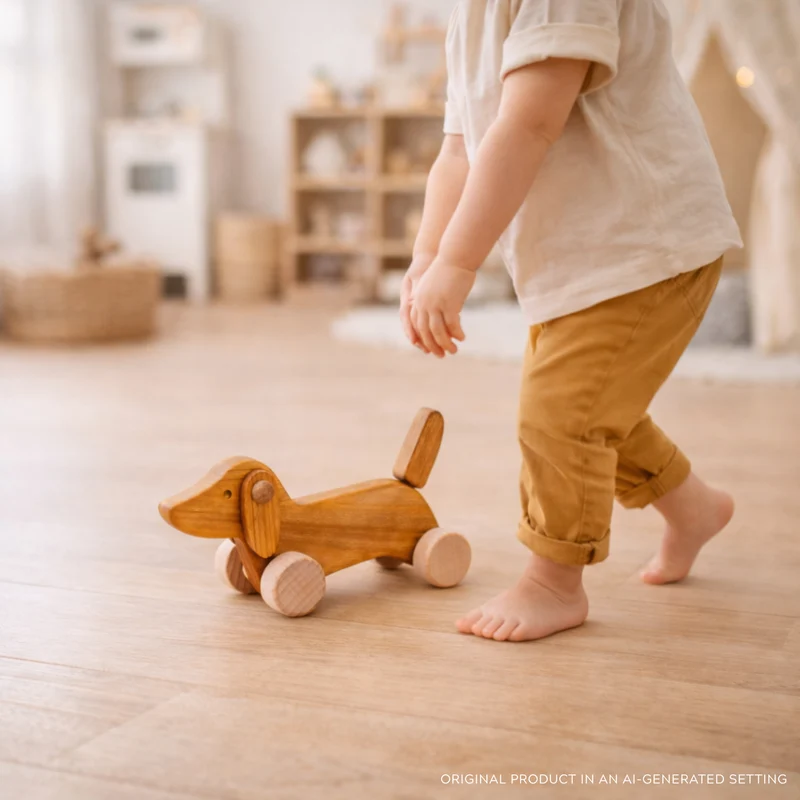 Pueria wooden dachshund on wheels – children's toy by TheWickerStories