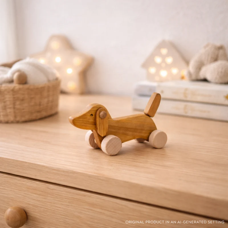 Pueria wooden dachshund on wheels – children's toy by TheWickerStories
