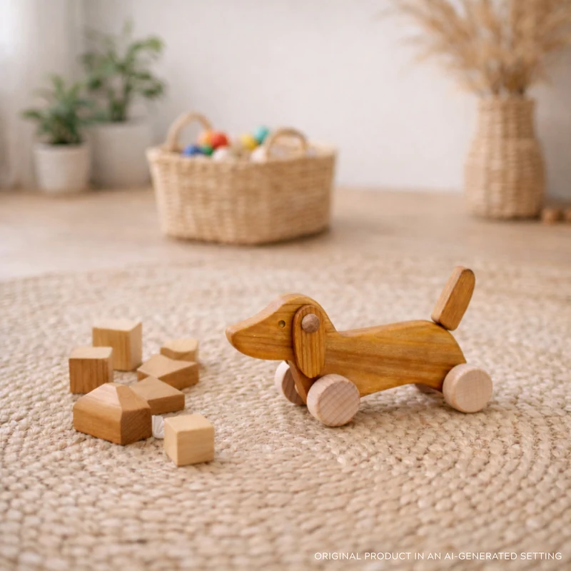 Pueria wooden dachshund on wheels – children's toy by TheWickerStories