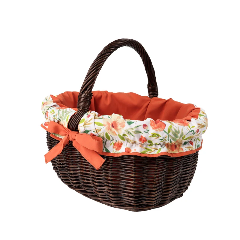 Werburga wicker shopping basket with orange trim, with a handle from TheWickerStories