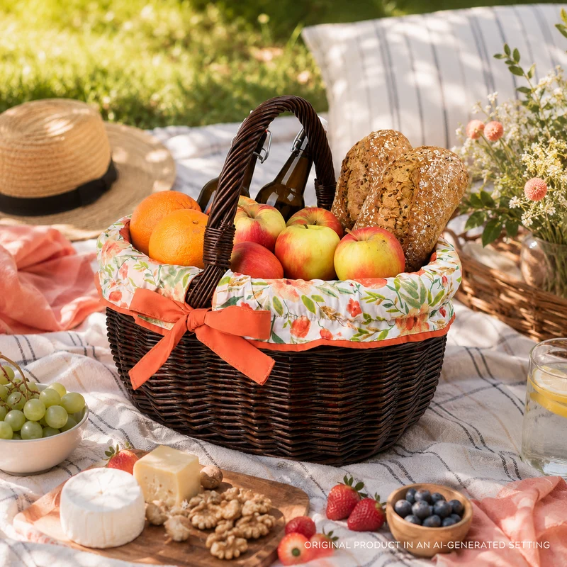 Werburga wicker shopping basket with orange trim, with a handle from TheWickerStories