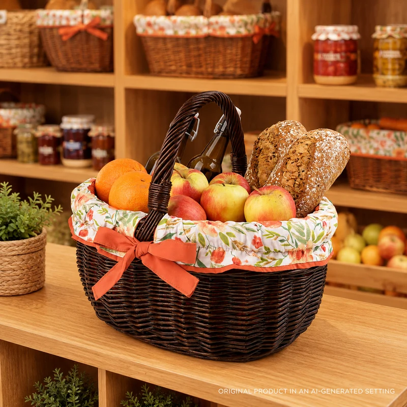 Werburga wicker shopping basket with orange trim, with a handle from TheWickerStories