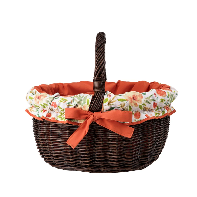 Werburga wicker shopping basket with orange trim, with a handle from TheWickerStories