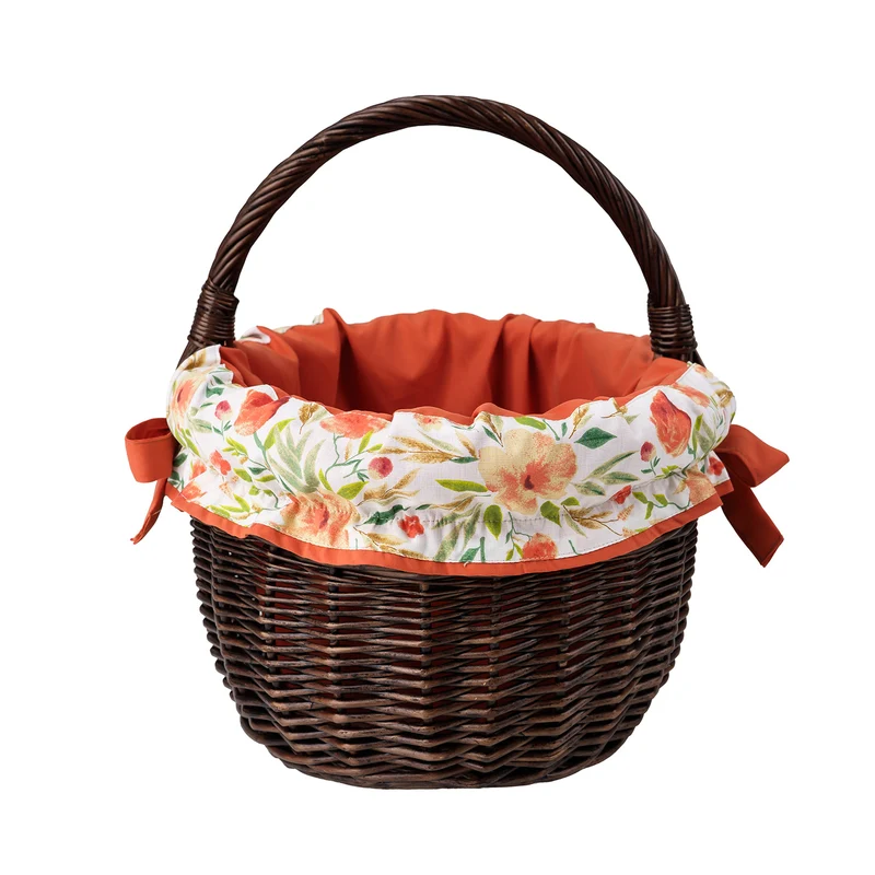 Werburga wicker shopping basket with orange trim, with a handle from TheWickerStories