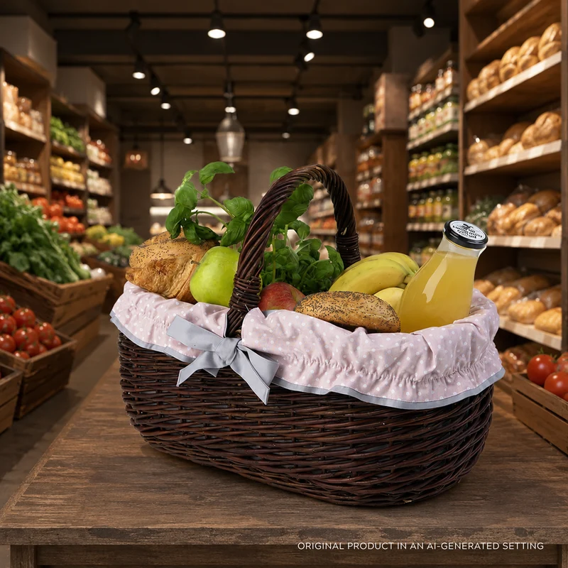 Felis wicker shopping basket with gray trim and handle from TheWickerStories