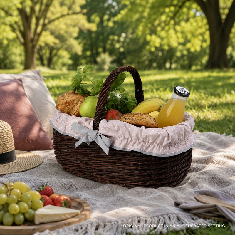 Felis wicker shopping basket with gray trim and handle from TheWickerStories