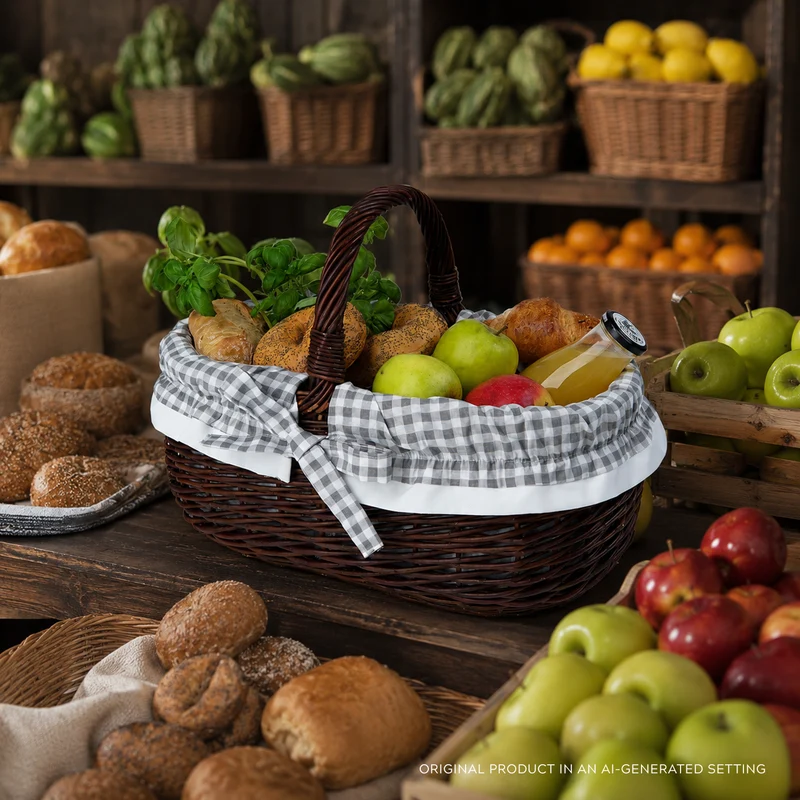 Felis wicker shopping basket with gray trim and a TheWickerStories handle