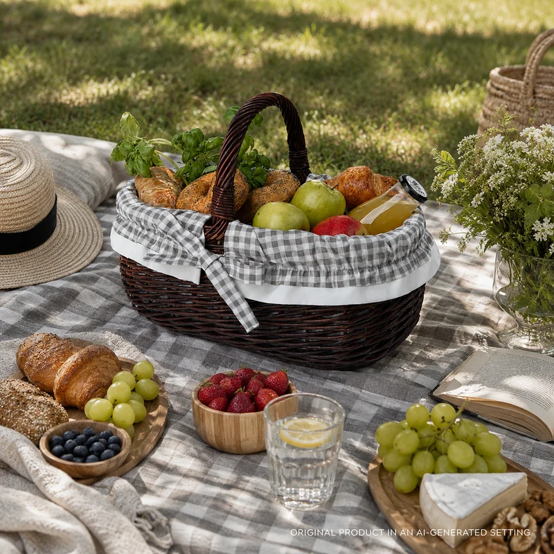 Felis wicker shopping basket with gray trim and a TheWickerStories handle