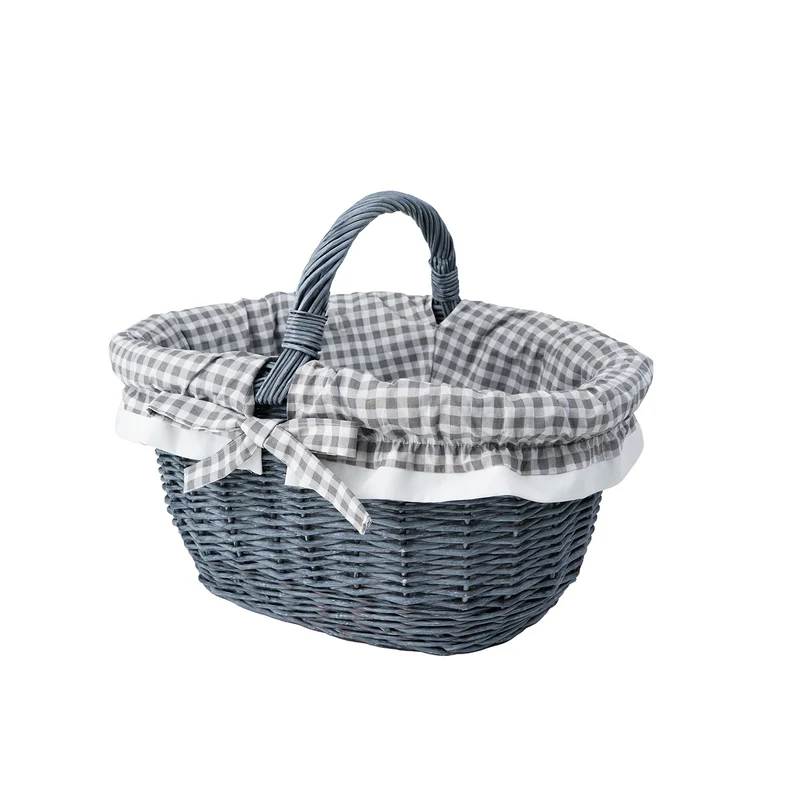 Walerissa wicker shopping basket with gray trim and TheWickerStories handle
