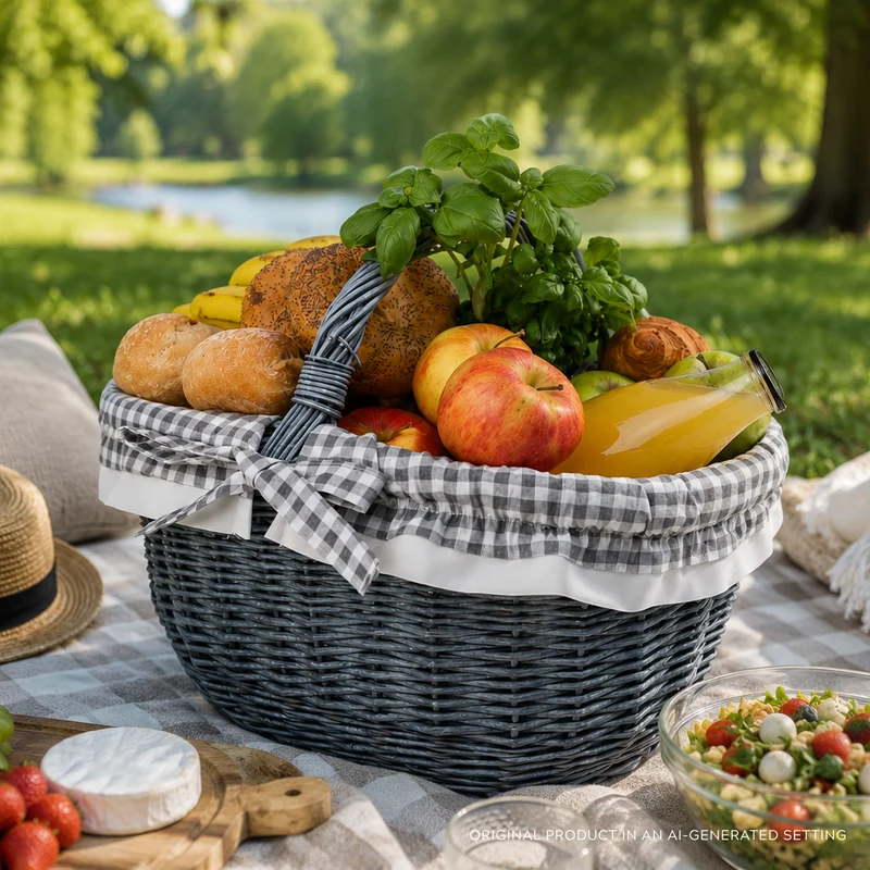 Walerissa wicker shopping basket with gray trim and TheWickerStories handle