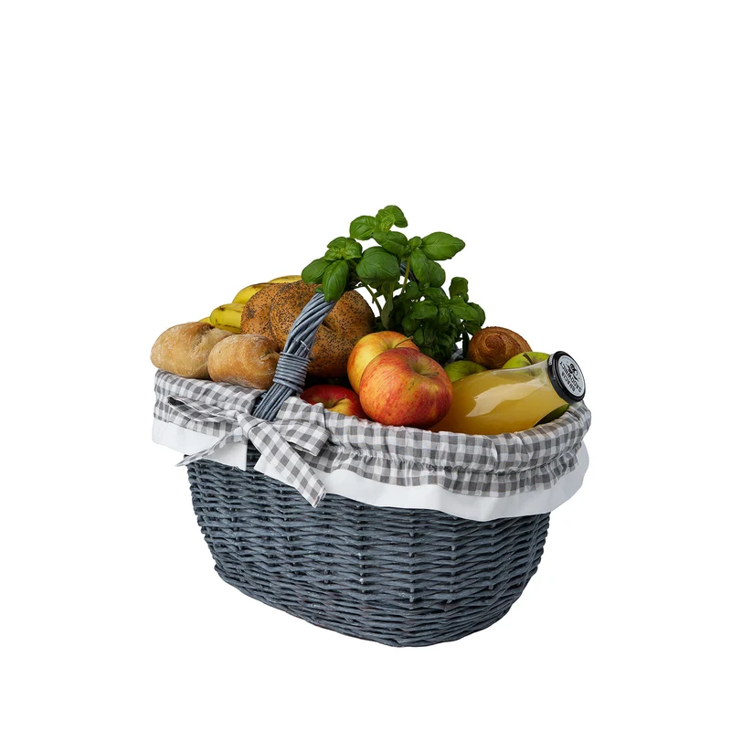 Walerissa wicker shopping basket with gray trim and TheWickerStories handle