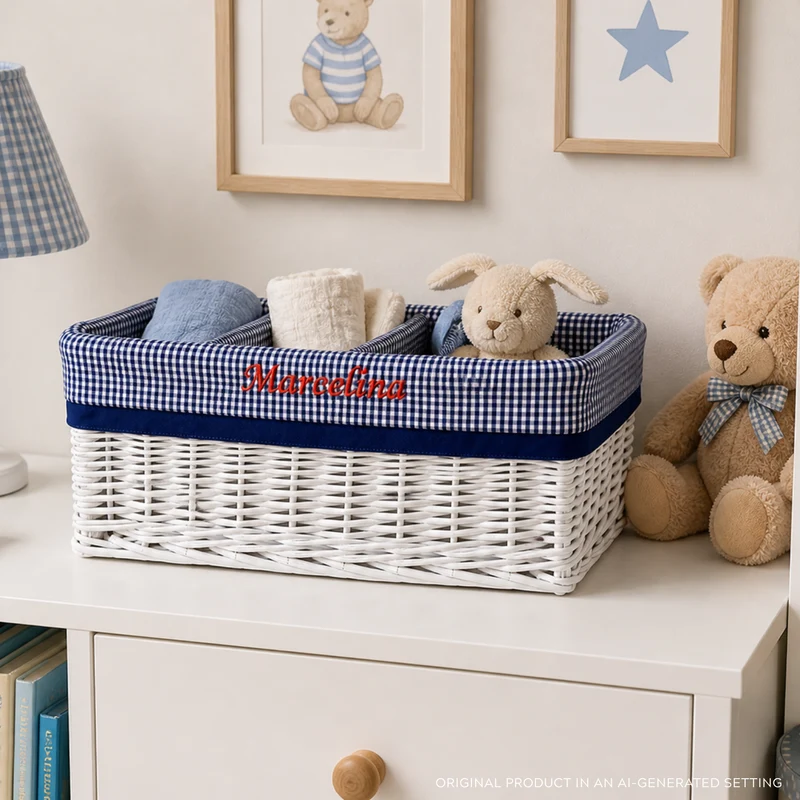 Novinus wicker organizer basket with navy trim TheWickerStories