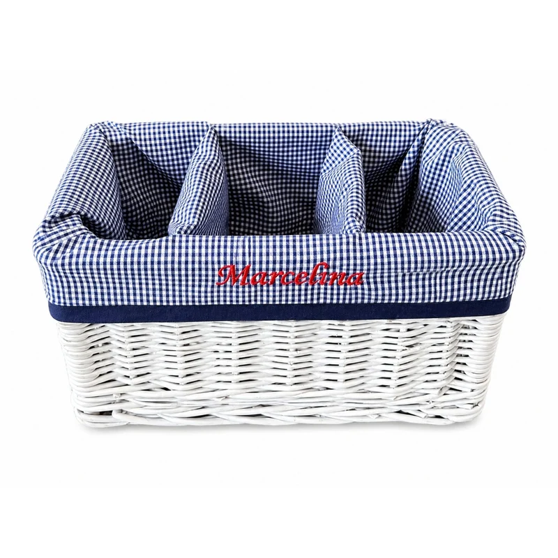 Novinus wicker organizer basket with navy trim TheWickerStories