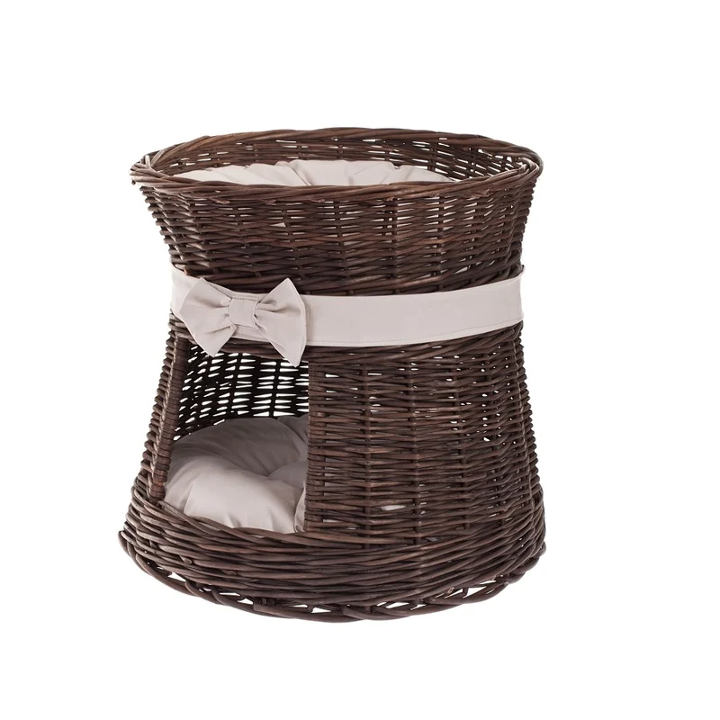 Eralis two-tier wicker cat house with cushions and a bow TheWickerStories