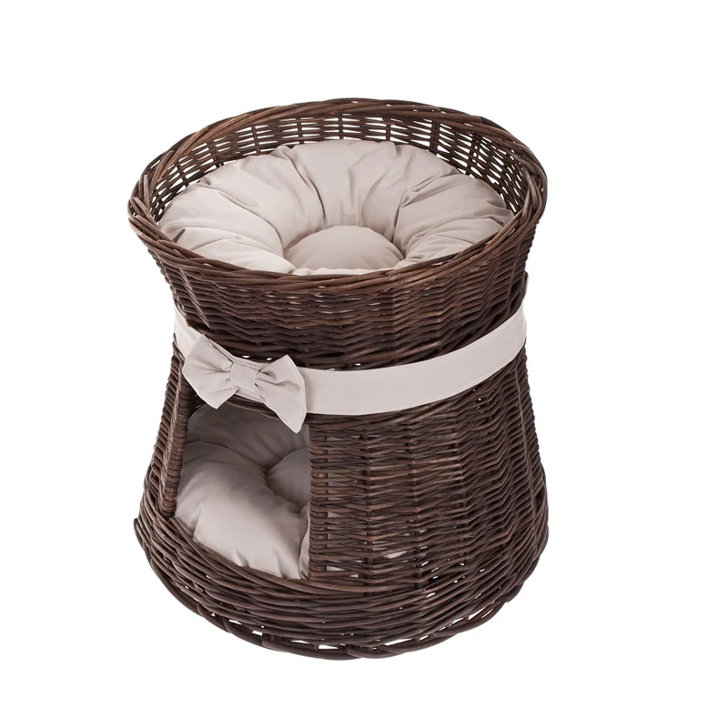 Eralis two-tier wicker cat house with cushions and a bow TheWickerStories