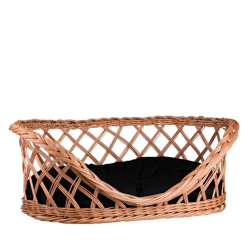 Esnoria wicker pet bed for dogs and cats with black cushion and low entrance TheWickerStories
