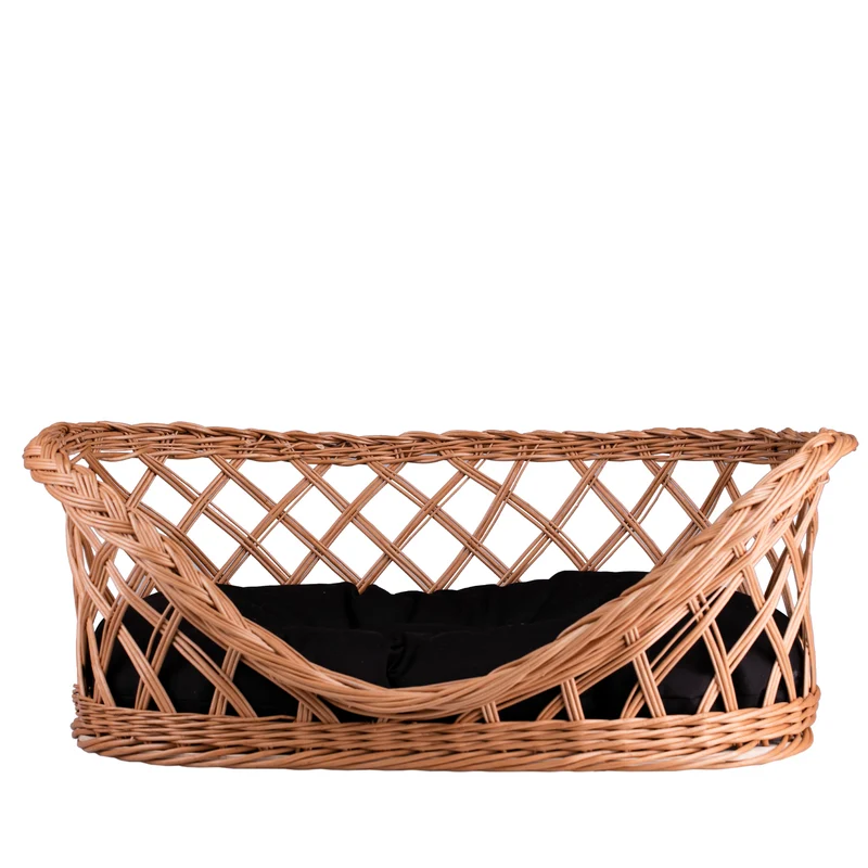 Esnoria wicker pet bed for dogs and cats with black cushion and low entrance TheWickerStories