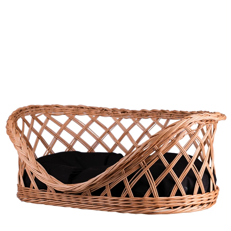 Esnoria wicker pet bed for dogs and cats with black cushion and low entrance TheWickerStories